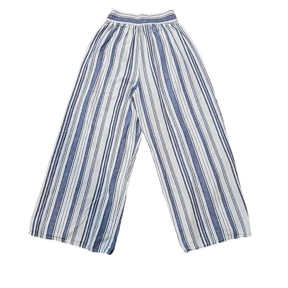 Beachy Resort Wear Linen Blend Coastal Wide Leg Pants L Blue Stripe Cropped - Picture 2 of 7